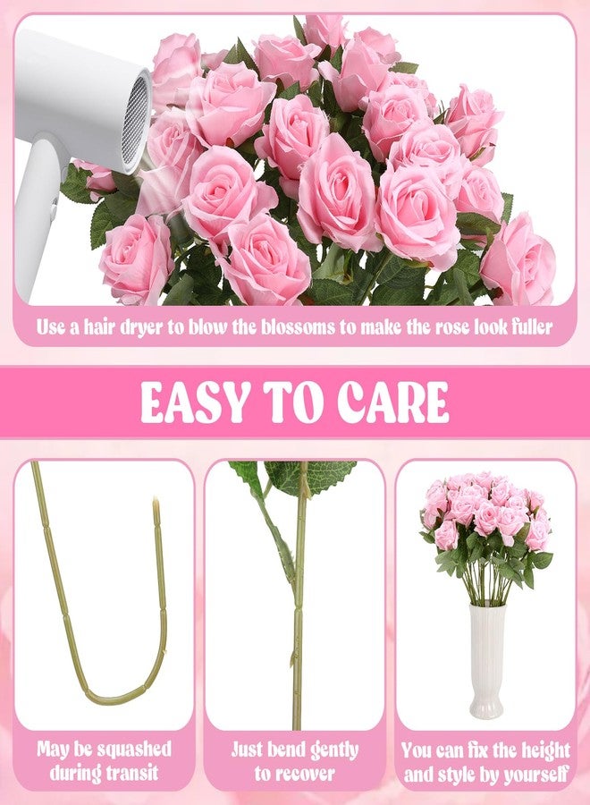 Hoemwarm 36 Pcs Silk Rose Bouquet Bridal Artificial Flowers,Fake Rose Long Stem Realistic Artificial Flowers Bulk for Wedding Bouquet Ball Arrangement Centerpiece Party Decor(Pink) - Image 3