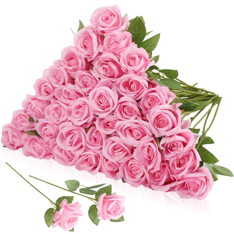Hoemwarm 36 Pcs Silk Rose Bouquet Bridal Artificial Flowers,Fake Rose Long Stem Realistic Artificial Flowers Bulk for Wedding Bouquet Ball Arrangement Centerpiece Party Decor(Pink) - Image 1
