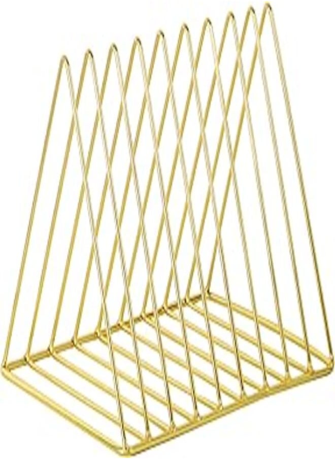 Generic Triangle Desktop Magazine Storage Rack, 9 Slots Metal Book Stand Vinyl File Folder Holder, Vinyl Storage Rack, Multifunctional Desk Organizer Rack for Home Office, Gold 