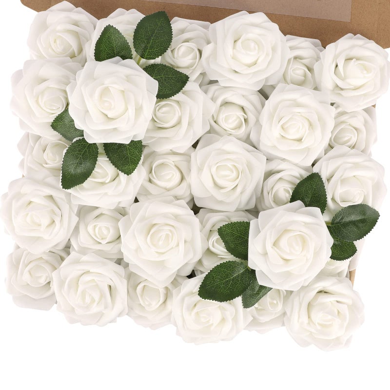 MACTING White Artificial Flowers 30pcs Real Touch Faux Flower Foam Fake Roses with Stems for DIY Wedding Bouquets Centerpieces Floral Arrangements Party Tables Home Decorations - Image 2