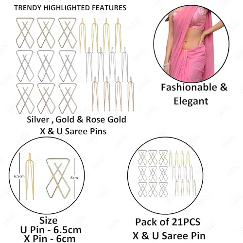 VAMA FASHIONS Clip on X U Cross Metal Strong Pin Sarees Dupatta Pallu Hijab Hold Pleats Brooch Safety Saree Pins for Women 24 Sareepin - Image 3
