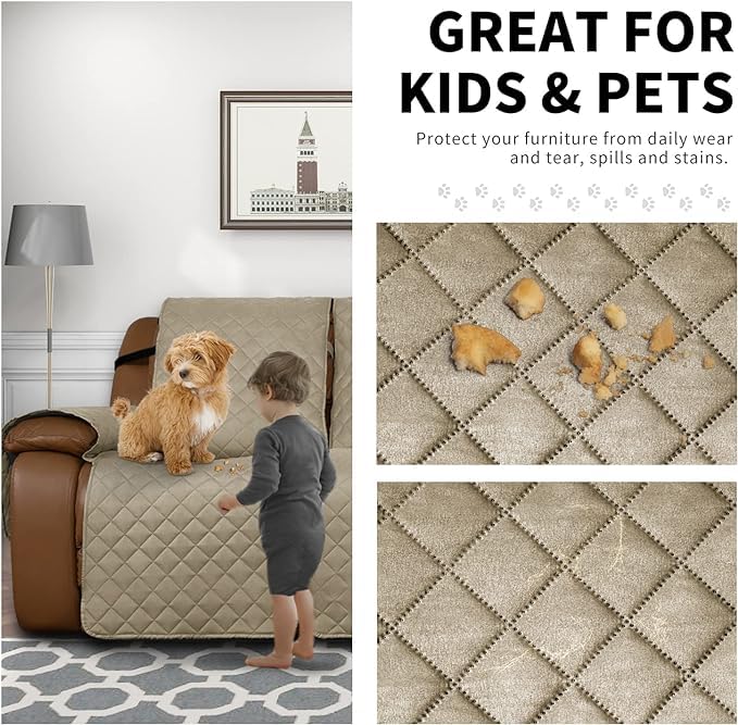 BLESSING PET SUPPLY غطاء مقعد مريح سهل الاستخدام قابل للعكس لكرسيين مائلين غطاء أريكة مزدوج لكرسيين غطاء واقي للأثاث مع أحزمة مرنة للأطفال والكلاب والحيوانات الأليفة 3 مقاعد بيج - Image 4