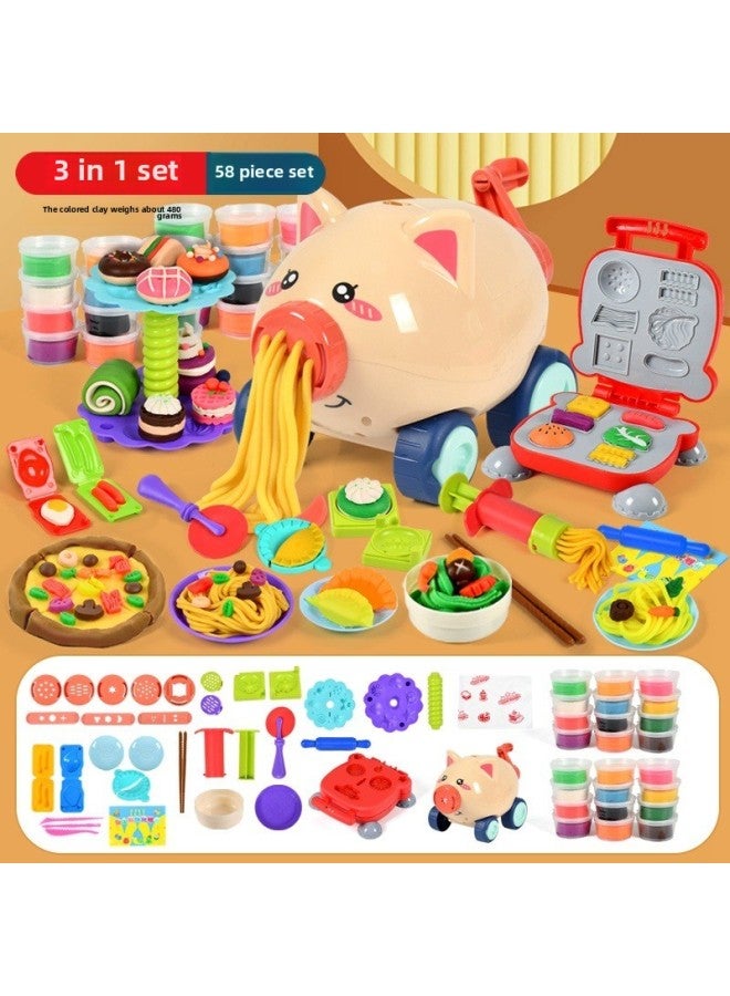 Ice Cream Color Mud Noodle Machine DIY Plasticine Tools Kindergarten Clay Handmade Educational Girls Children's Toys-Specification:[dessert + Piggy Noodle Maker + Burger Maker] 58-piece Set