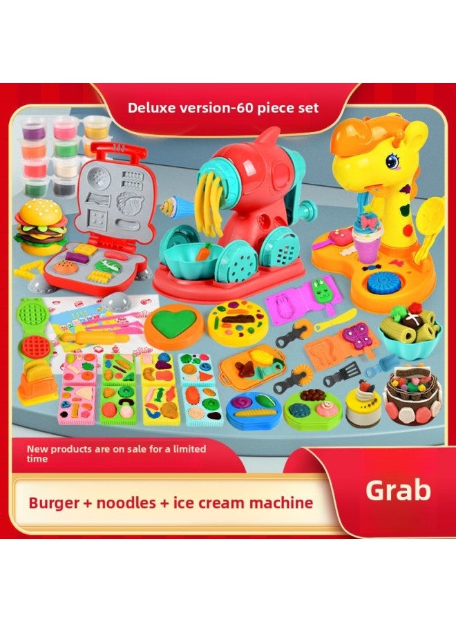 Ice Cream Color Mud Noodle Machine DIY Plasticine Tools Kindergarten Clay Handmade Educational Girls Children's Toys-Specification:[dessert + Piggy Noodle Maker + Burger Maker] 58-piece Set