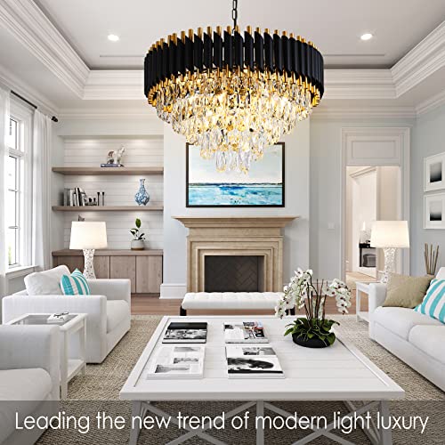 AKDXIRUN Gold Crystal Chandelier Contemporary, 24" Modern Living Room Chandeliers, K9 Crystal Ceiling Lights Fixtures, Round 5 Tiers Pendant Lighting Chandelier Black for Entryway Dining Room Staircase - Image 2