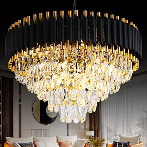 AKDXIRUN Gold Crystal Chandelier Contemporary, 24" Modern Living Room Chandeliers, K9 Crystal Ceiling Lights Fixtures, Round 5 Tiers Pendant Lighting Chandelier Black for Entryway Dining Room Staircase - Image 1