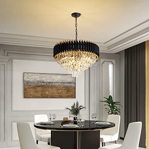 AKDXIRUN Gold Crystal Chandelier Contemporary, 24" Modern Living Room Chandeliers, K9 Crystal Ceiling Lights Fixtures, Round 5 Tiers Pendant Lighting Chandelier Black for Entryway Dining Room Staircase - Image 4