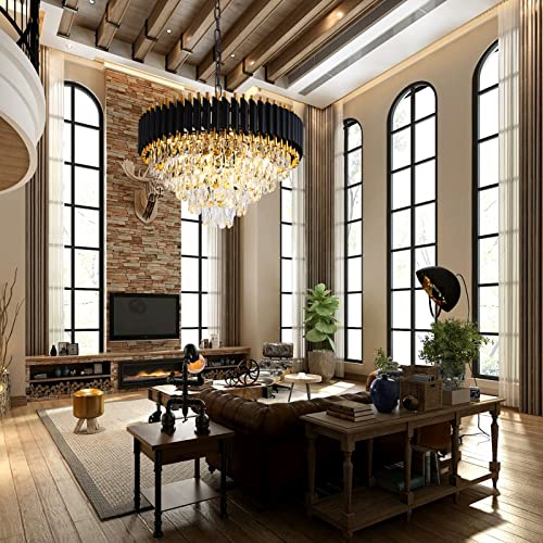 AKDXIRUN Gold Crystal Chandelier Contemporary, 24" Modern Living Room Chandeliers, K9 Crystal Ceiling Lights Fixtures, Round 5 Tiers Pendant Lighting Chandelier Black for Entryway Dining Room Staircase - Image 5