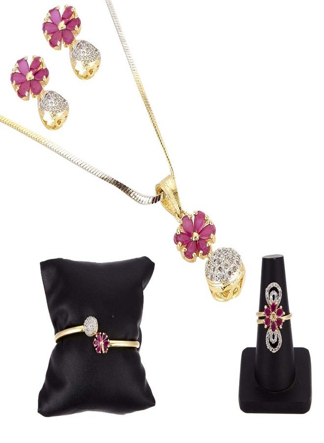 KENNICE Gold-Plated American Diamond Necklace with Earrings, Bracelet and Ring Jewellery Set for Girls and Women - Image 2