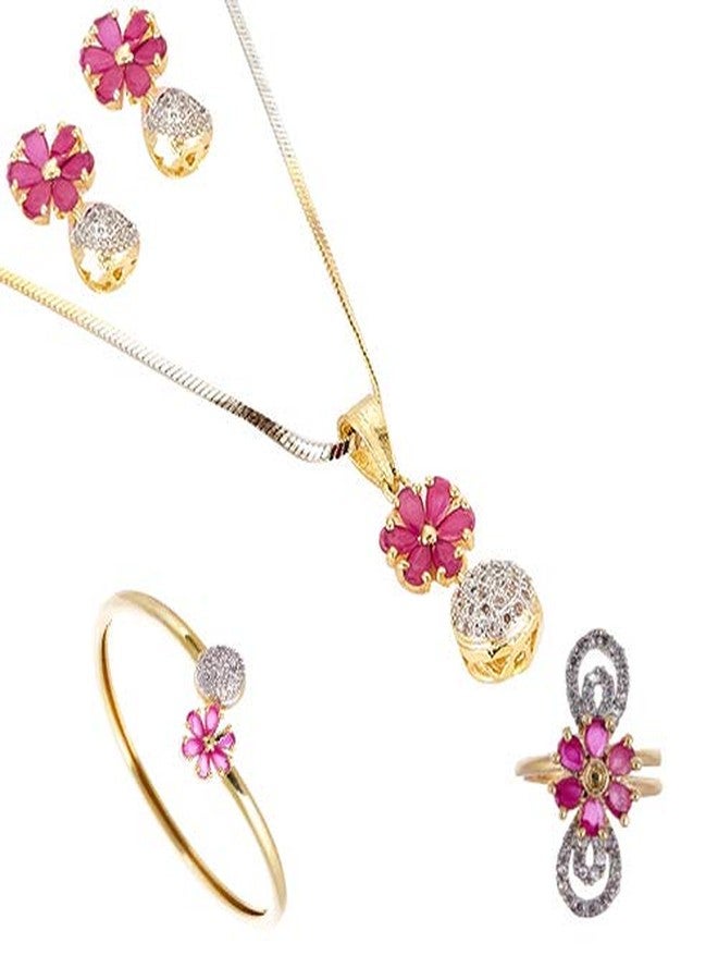KENNICE Gold-Plated American Diamond Necklace with Earrings, Bracelet and Ring Jewellery Set for Girls and Women - Image 1