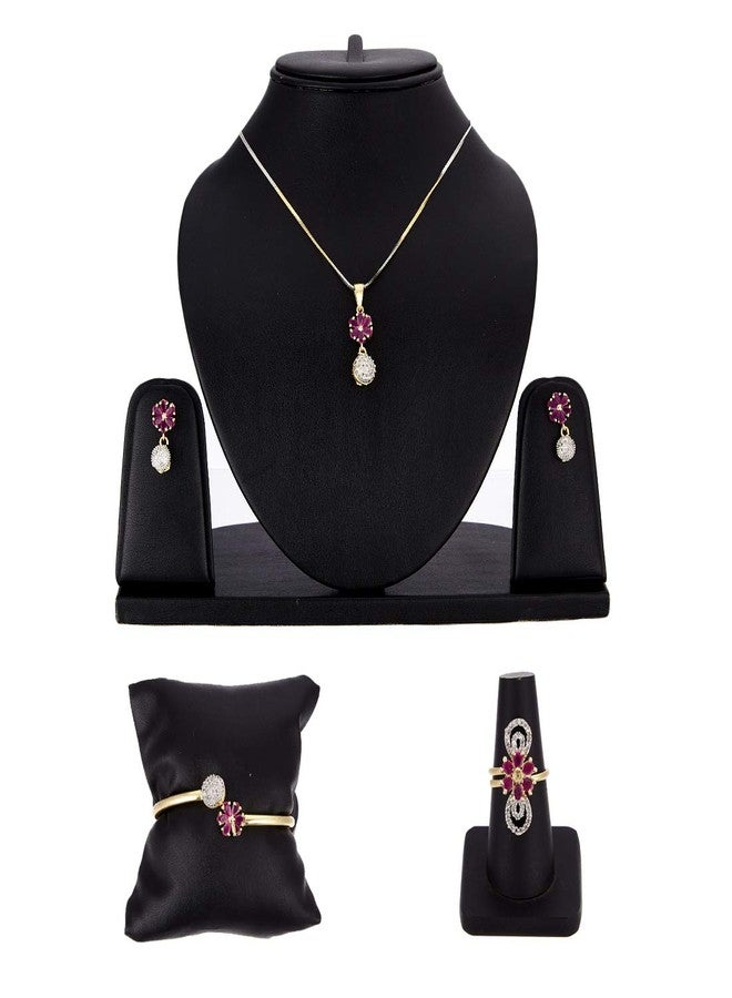 KENNICE Gold-Plated American Diamond Necklace with Earrings, Bracelet and Ring Jewellery Set for Girls and Women - Image 4