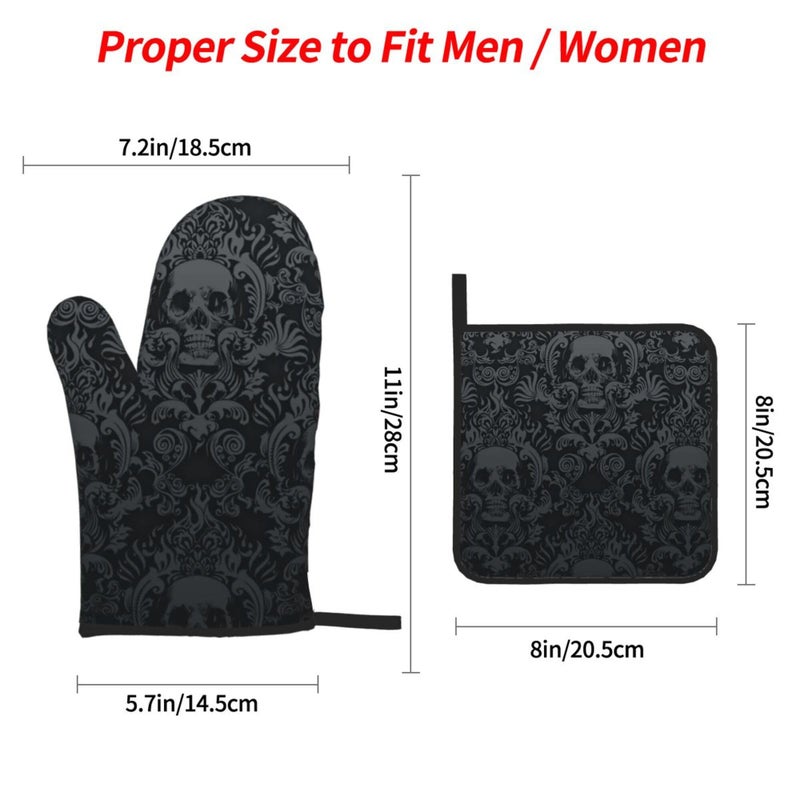 NELife Victorian Gothic Black Skull Damask Oven Mitts and Pot Holders Sets of 4,Resistant Hot Pads with Polyester Non-Slip BBQ Gloves for Kitchen,Cooking,Baking,Grilling - Image 3