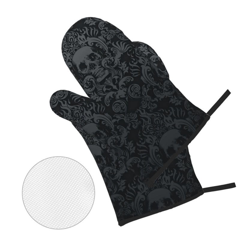 NELife Victorian Gothic Black Skull Damask Oven Mitts and Pot Holders Sets of 4,Resistant Hot Pads with Polyester Non-Slip BBQ Gloves for Kitchen,Cooking,Baking,Grilling - Image 2