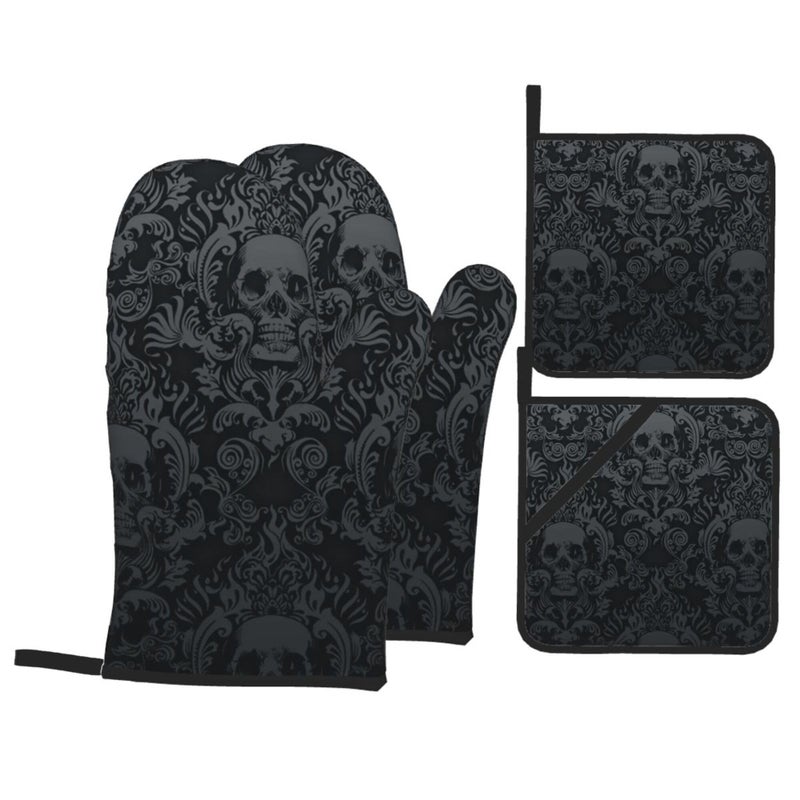 NELife Victorian Gothic Black Skull Damask Oven Mitts and Pot Holders Sets of 4,Resistant Hot Pads with Polyester Non-Slip BBQ Gloves for Kitchen,Cooking,Baking,Grilling - Image 1