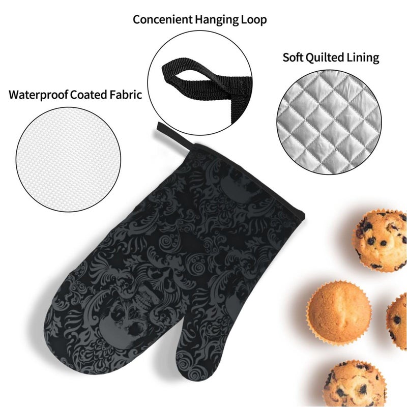 NELife Victorian Gothic Black Skull Damask Oven Mitts and Pot Holders Sets of 4,Resistant Hot Pads with Polyester Non-Slip BBQ Gloves for Kitchen,Cooking,Baking,Grilling - Image 4