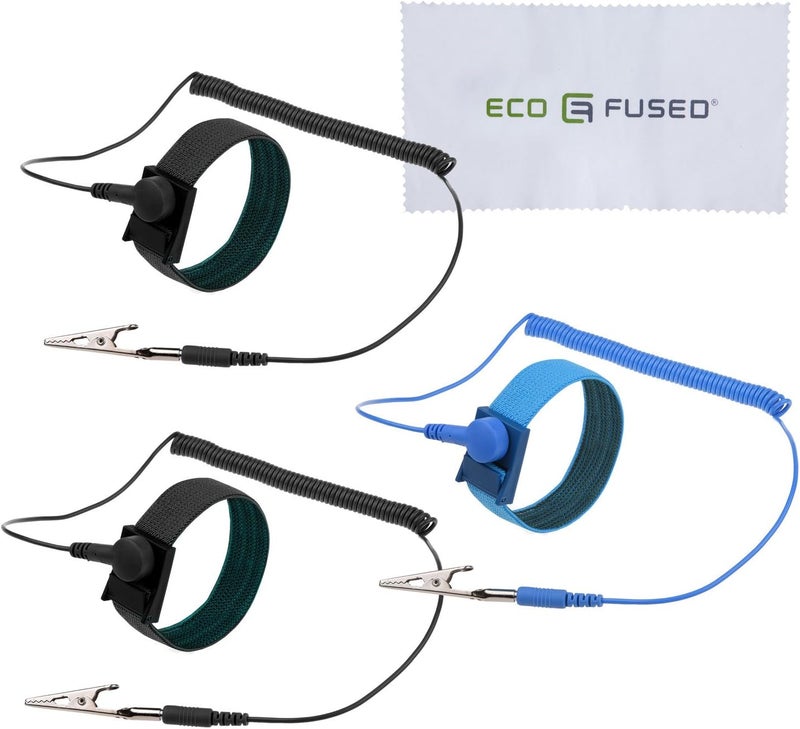 ECO-FUSED Antistatic Wristbands - Pack of 3 - Reusable Anti-Static Bracelets with Ground Cable and Alligator Clip - Allows You to Ground Yourself While Working on Sensitive Electronics (2 x Black + 1 x Blue, - Image 1