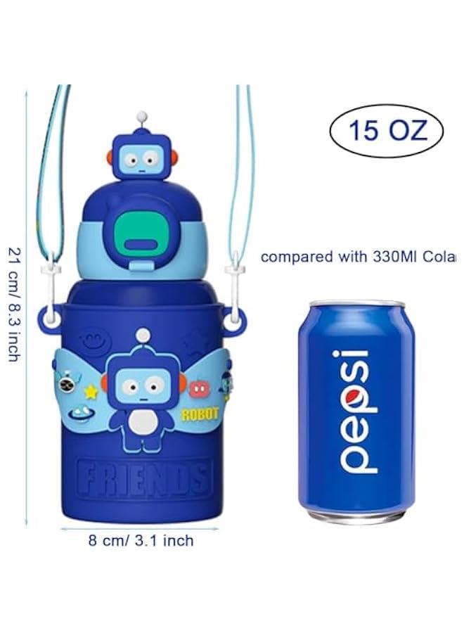 HOOKOR Cute Insulated Water Bottle with Straw Strap Kids,15 oz Metal Cups for Hot and Cold Drinks,BPA Free Thermoses Leak-proof Flask for Boys and Girls School Indoor Outdoor Sports (Blue) - Image 2
