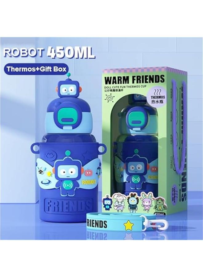 HOOKOR Cute Insulated Water Bottle with Straw Strap Kids,15 oz Metal Cups for Hot and Cold Drinks,BPA Free Thermoses Leak-proof Flask for Boys and Girls School Indoor Outdoor Sports (Blue) - Image 3