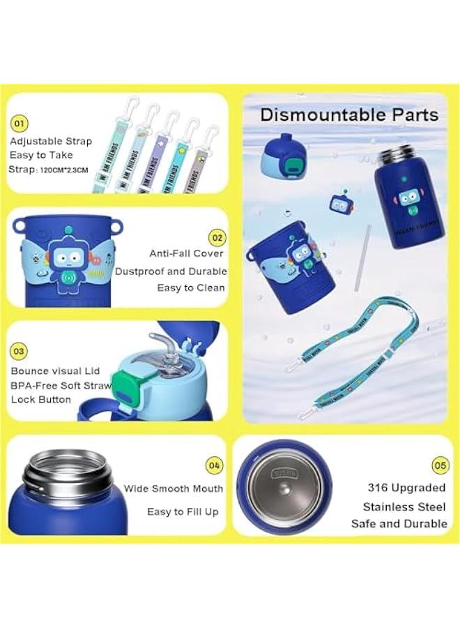 HOOKOR Cute Insulated Water Bottle with Straw Strap Kids,15 oz Metal Cups for Hot and Cold Drinks,BPA Free Thermoses Leak-proof Flask for Boys and Girls School Indoor Outdoor Sports (Blue) - Image 4