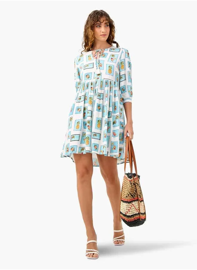 فاف Printed Coverup Dress with Tie-Up Neck and 3/4 Sleeves