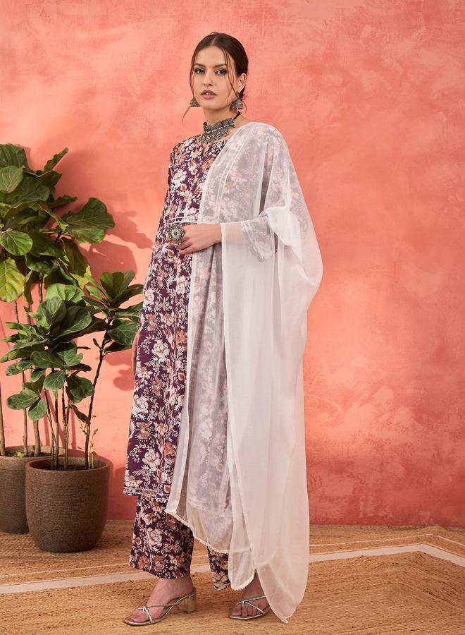 ساسافراس بنفسجي مطبوع كامبريك كورتا مع بنطلون قلم ودوباتا - Image 3