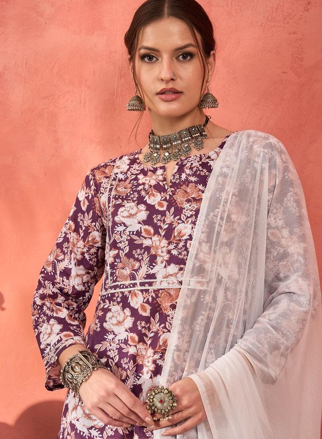 ساسافراس بنفسجي مطبوع كامبريك كورتا مع بنطلون قلم ودوباتا - Image 1