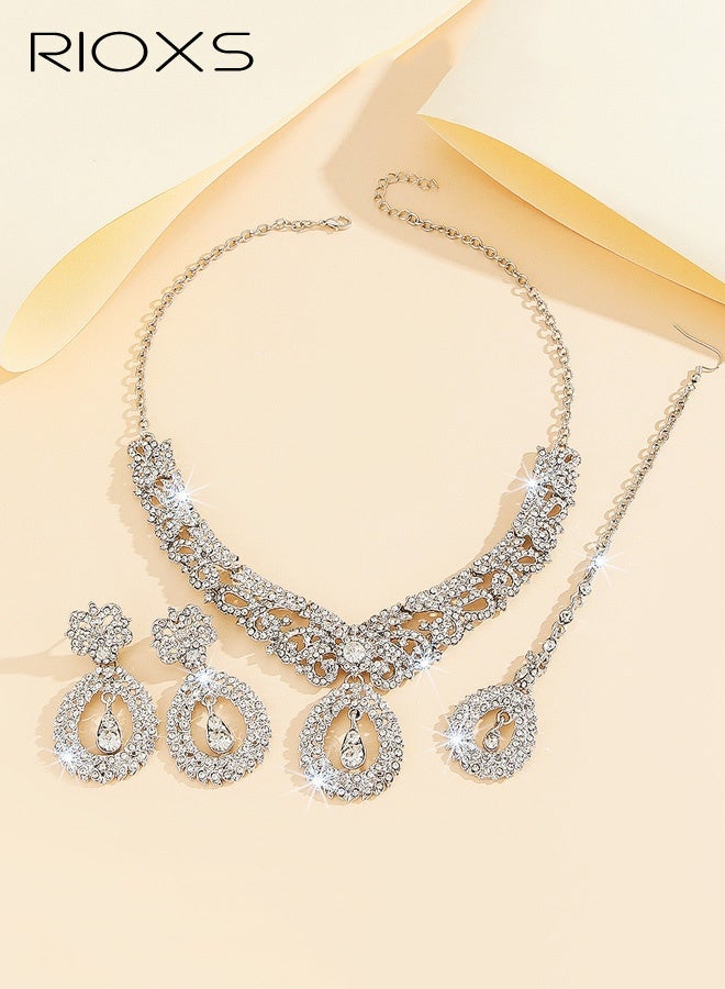 RIOXS Palace Vintage Necklace, Earrings, and Forehead Pendant Set, Luxury Crystal Bridal Jewelry Set for Indian and Dubai Brides - Image 2