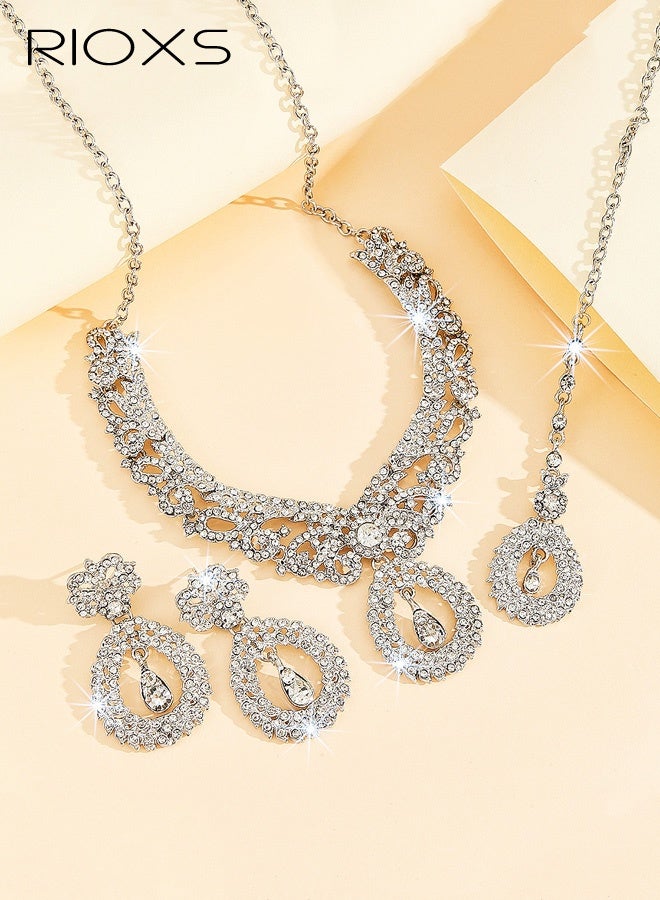 RIOXS Palace Vintage Necklace, Earrings, and Forehead Pendant Set, Luxury Crystal Bridal Jewelry Set for Indian and Dubai Brides - Image 3
