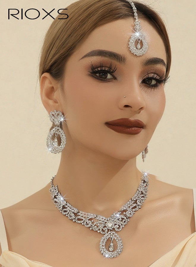 RIOXS Palace Vintage Necklace, Earrings, and Forehead Pendant Set, Luxury Crystal Bridal Jewelry Set for Indian and Dubai Brides - Image 1