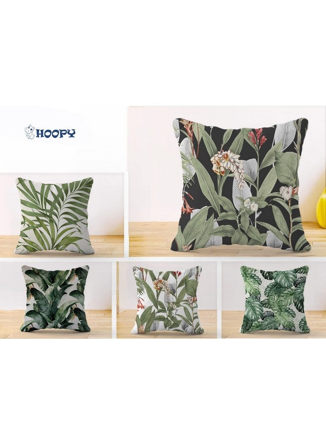 HOOPY Set of 5 Designer Decorative Throw Pillow/Cushion Covers (16 Inch X 16 Inch, Green Leafs Print) - Canvas, 100Tc - Image 2