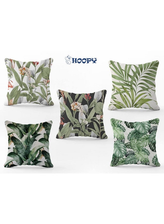 HOOPY Set of 5 Designer Decorative Throw Pillow/Cushion Covers (16 Inch X 16 Inch, Green Leafs Print) - Canvas, 100Tc - Image 4