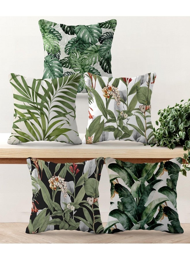 HOOPY Set of 5 Designer Decorative Throw Pillow/Cushion Covers (16 Inch X 16 Inch, Green Leafs Print) - Canvas, 100Tc - Image 1