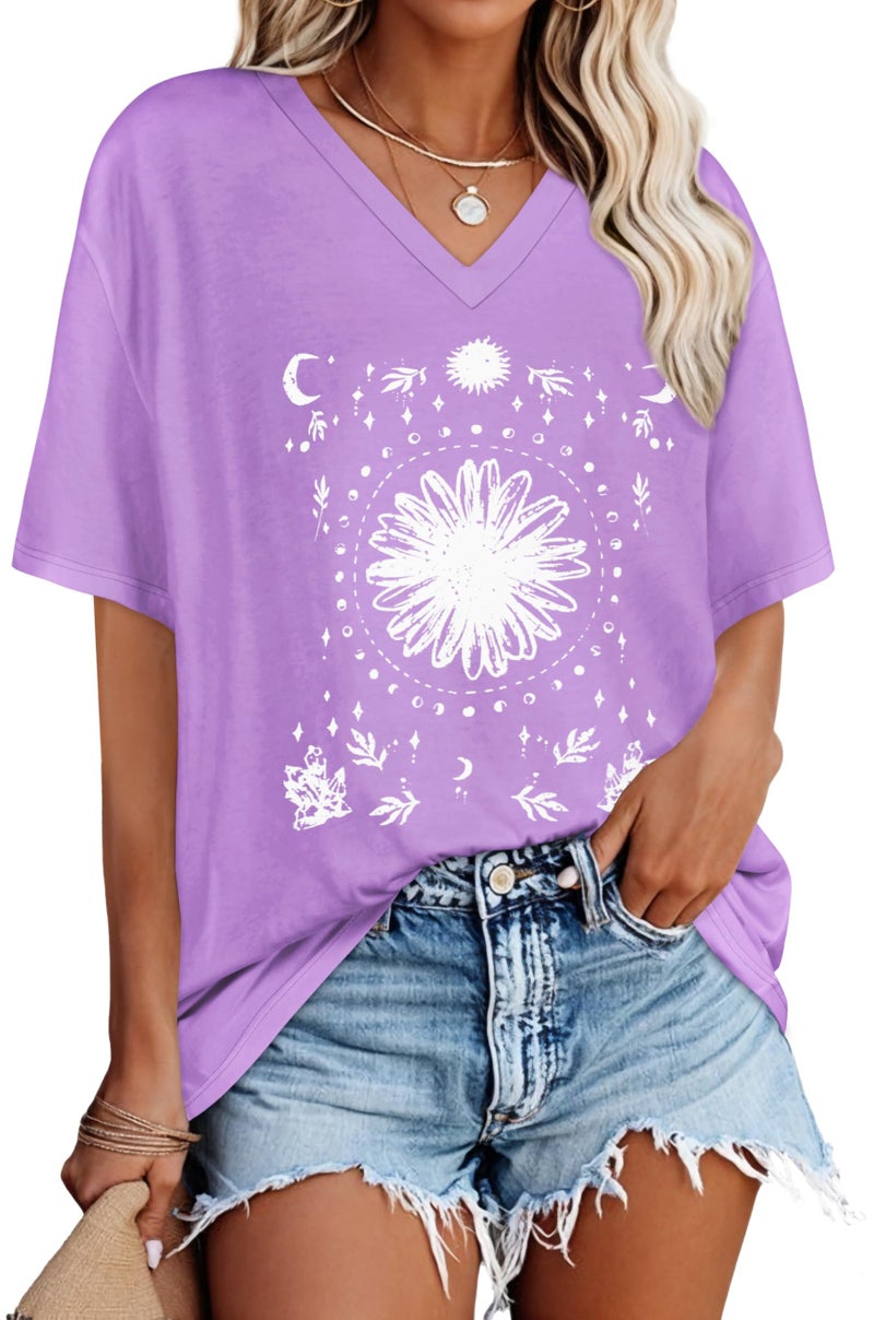 rosemia Oversized Tshirts for Women V Neck Short Sleeve Summer Casual Basic Loose Tops, Purple White Flower, L - Image 1