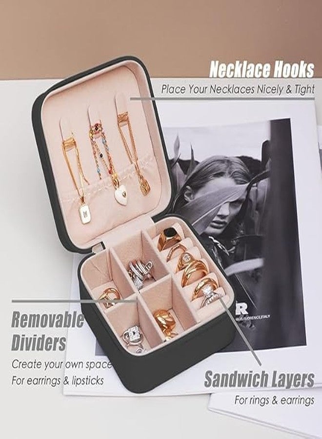 TONSYL حقيبة سفر صغيرة للمجوهرات من الجلد الصناعي من TONSYL، منظم مجوهرات صغير للسفر، صندوق تخزين محمول بسحاب من الجلد الصناعي مع عدة أقسام للخواتم والأقراط والقلائد (أسود) - Image 5