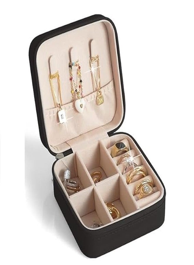 TONSYL حقيبة سفر صغيرة للمجوهرات من الجلد الصناعي من TONSYL، منظم مجوهرات صغير للسفر، صندوق تخزين محمول بسحاب من الجلد الصناعي مع عدة أقسام للخواتم والأقراط والقلائد (أسود) - Image 1