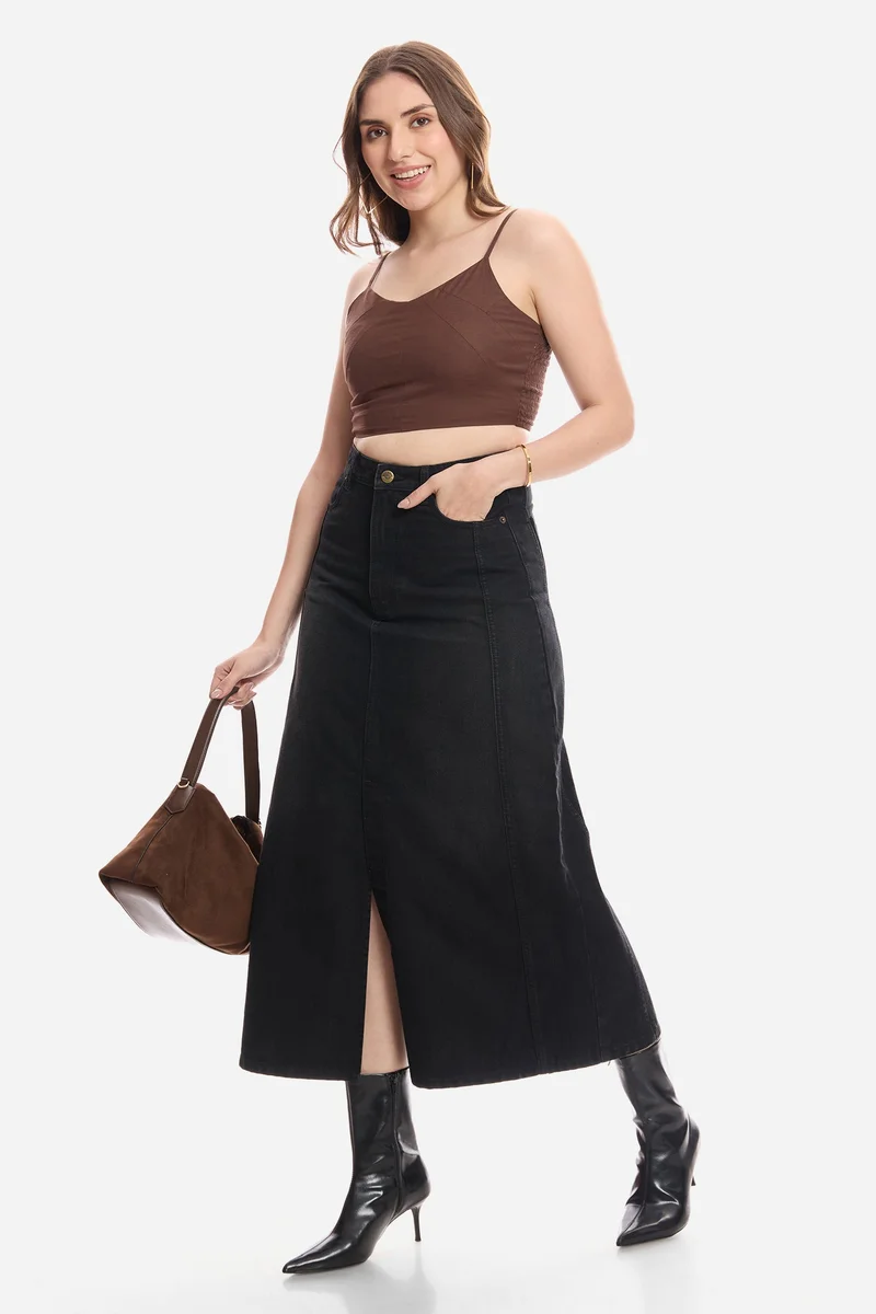 فيرجيو Solid Cotton Crop Top With Paneling Detail for Women