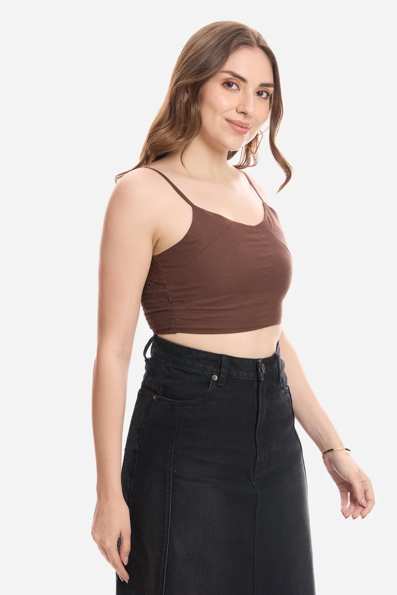 Virgio Brown Solid Cotton Crop Top With Paneling Detail for Women for Women | Best Price UAE