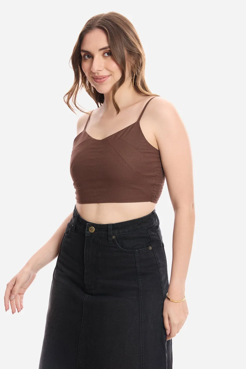 Virgio Brown Solid Cotton Crop Top With Paneling Detail for Women for Women | Best Price UAE