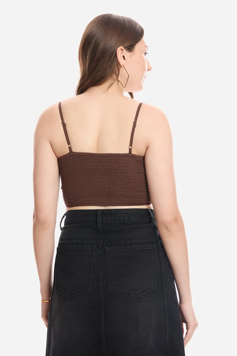 Virgio Brown Solid Cotton Crop Top With Paneling Detail for Women for Women | Best Price UAE