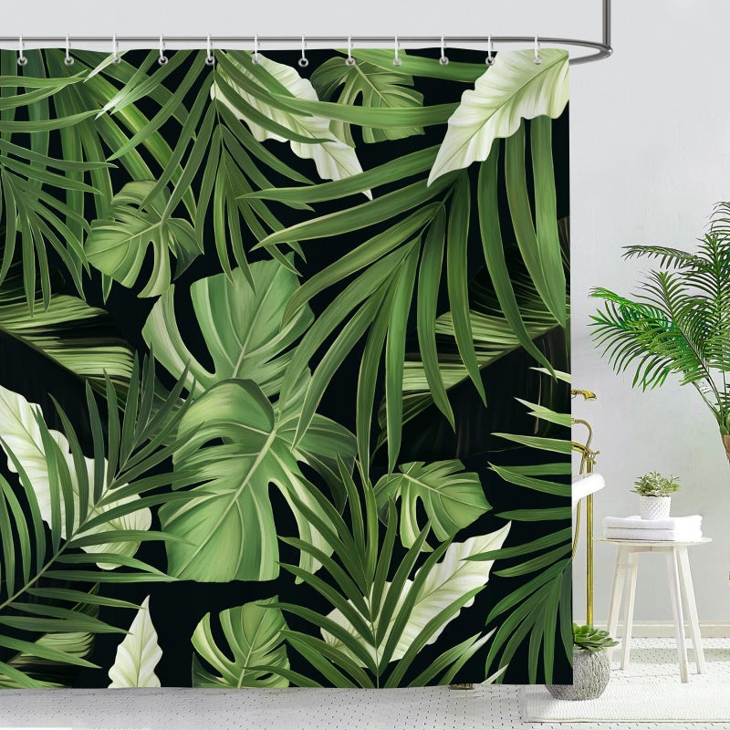 Bonhause Tropical Leaves Shower Curtain Jungle Nature Theme Dark Green Palm Leaf Monstera Plant Bathroom Curtain 72x72 Inch Polyester Fabric Waterproof Bath Curtain with 12 Hooks