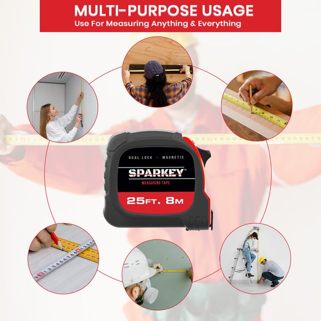 Sparkey 25ft/8M Retractable Tape Measure with Magnetic Hook, Fractions, Dual Lock, Shock-Absorbing Metric Tool for Construction, Carpentry, and Architecture(Pack of 1) - Image 5