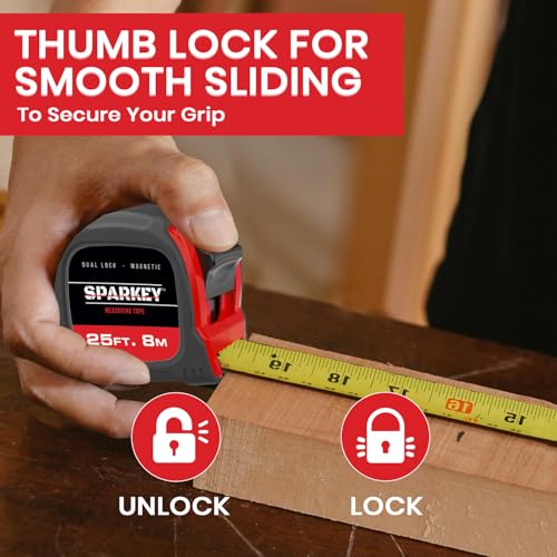 Sparkey 25ft/8M Retractable Tape Measure with Magnetic Hook, Fractions, Dual Lock, Shock-Absorbing Metric Tool for Construction, Carpentry, and Architecture(Pack of 1) - Image 3