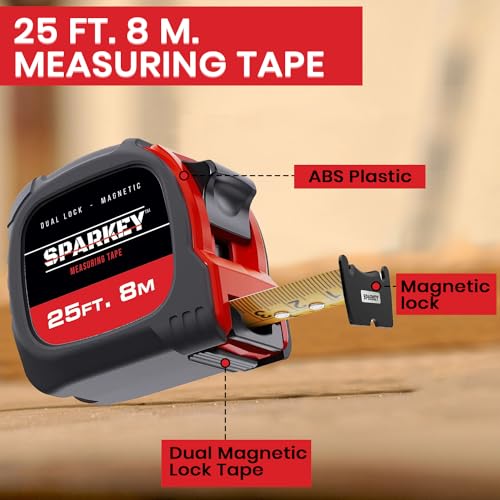 Sparkey 25ft/8M Retractable Tape Measure with Magnetic Hook, Fractions, Dual Lock, Shock-Absorbing Metric Tool for Construction, Carpentry, and Architecture(Pack of 1) - Image 2