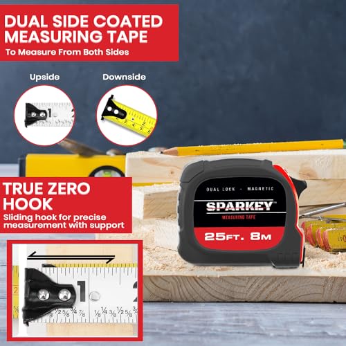 Sparkey 25ft/8M Retractable Tape Measure with Magnetic Hook, Fractions, Dual Lock, Shock-Absorbing Metric Tool for Construction, Carpentry, and Architecture(Pack of 1) - Image 4