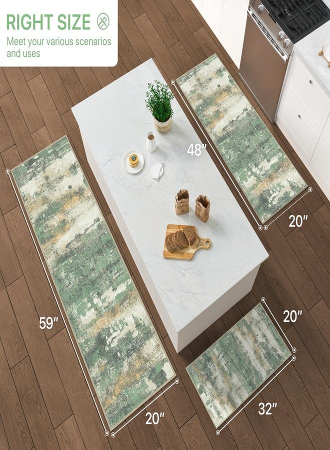 GENIMO Kitchen Rugs Sets of 3 Non Slip Washable Kitchen Mats for Floor, Waterproof Abstract Kitchen Runner Rug, Floor Mat Carpet for Hallway, Laundry, Sink, Entryway, Bathroom, Green - Image 2