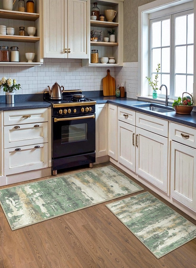 GENIMO Kitchen Rugs Sets of 3 Non Slip Washable Kitchen Mats for Floor, Waterproof Abstract Kitchen Runner Rug, Floor Mat Carpet for Hallway, Laundry, Sink, Entryway, Bathroom, Green - Image 3