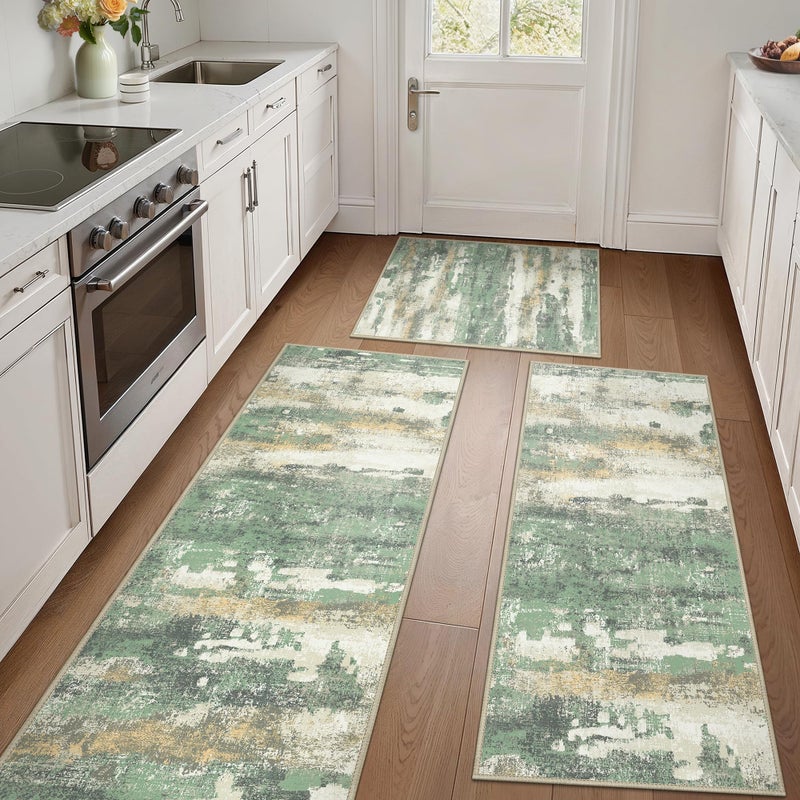 GENIMO Kitchen Rugs Sets of 3 Non Slip Washable Kitchen Mats for Floor, Waterproof Abstract Kitchen Runner Rug, Floor Mat Carpet for Hallway, Laundry, Sink, Entryway, Bathroom, Green - Image 1