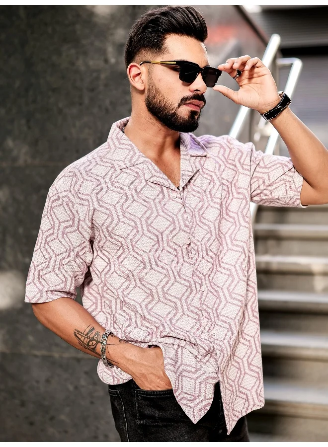 مانياك قميص رجالي قطن بأكمام 3/4 لون وردي وأبيض بياقة كلاسيكية ونقوش