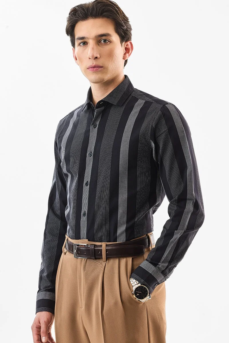 SNITCH Black Striped Long Sleeve Slim Fit Formal Luxe Shirt