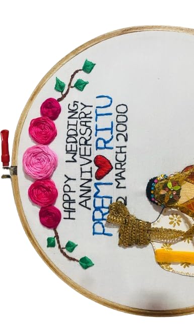 Handmade Embroidery Hoop Art with Traditional Indian Dress Design, Red and Gold Wedding Anniversary Decor (Customizable) - Image 3